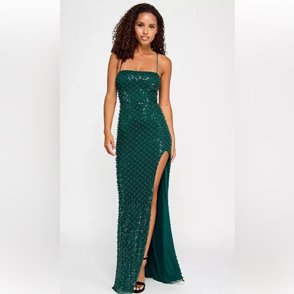 Dark green pearl prom dress